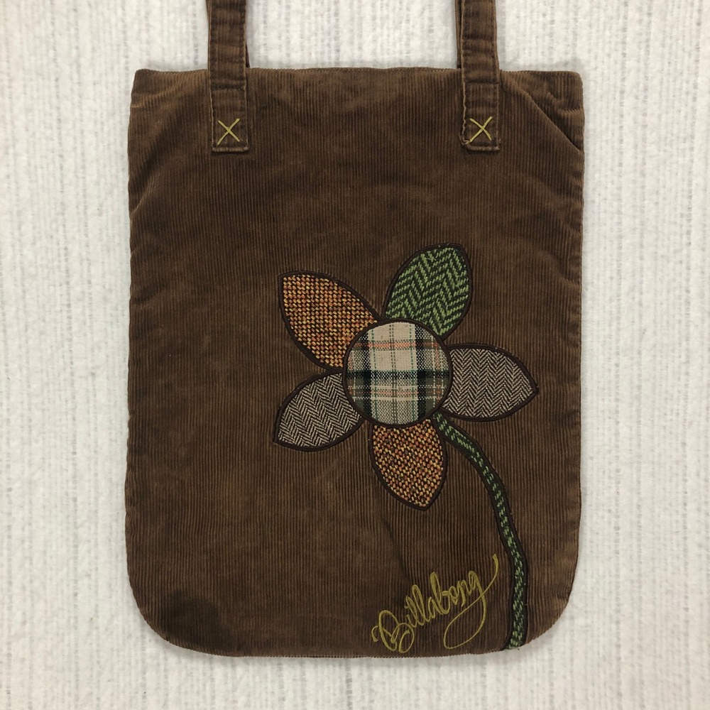 Billabong Brown Corduroy Tote Bag Flower Applique Vintage Y2K Boho Surf Bag